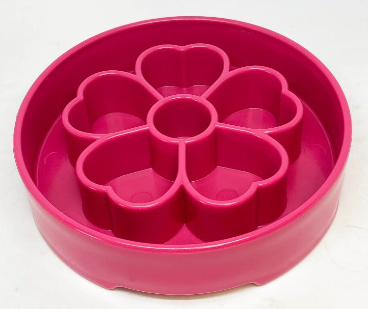 SodaPup Flower eBowl deep slow feeder dog bowl with flower-shaped enrichment ridges, available in pink or purple for medium and large dogs.