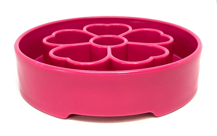 SodaPup Flower eBowl deep slow feeder dog bowl with flower-shaped enrichment ridges, available in pink or purple for medium and large dogs.