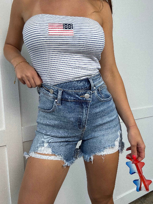 Lindsey Asymmetrical Distressed Shorts Medium Wash