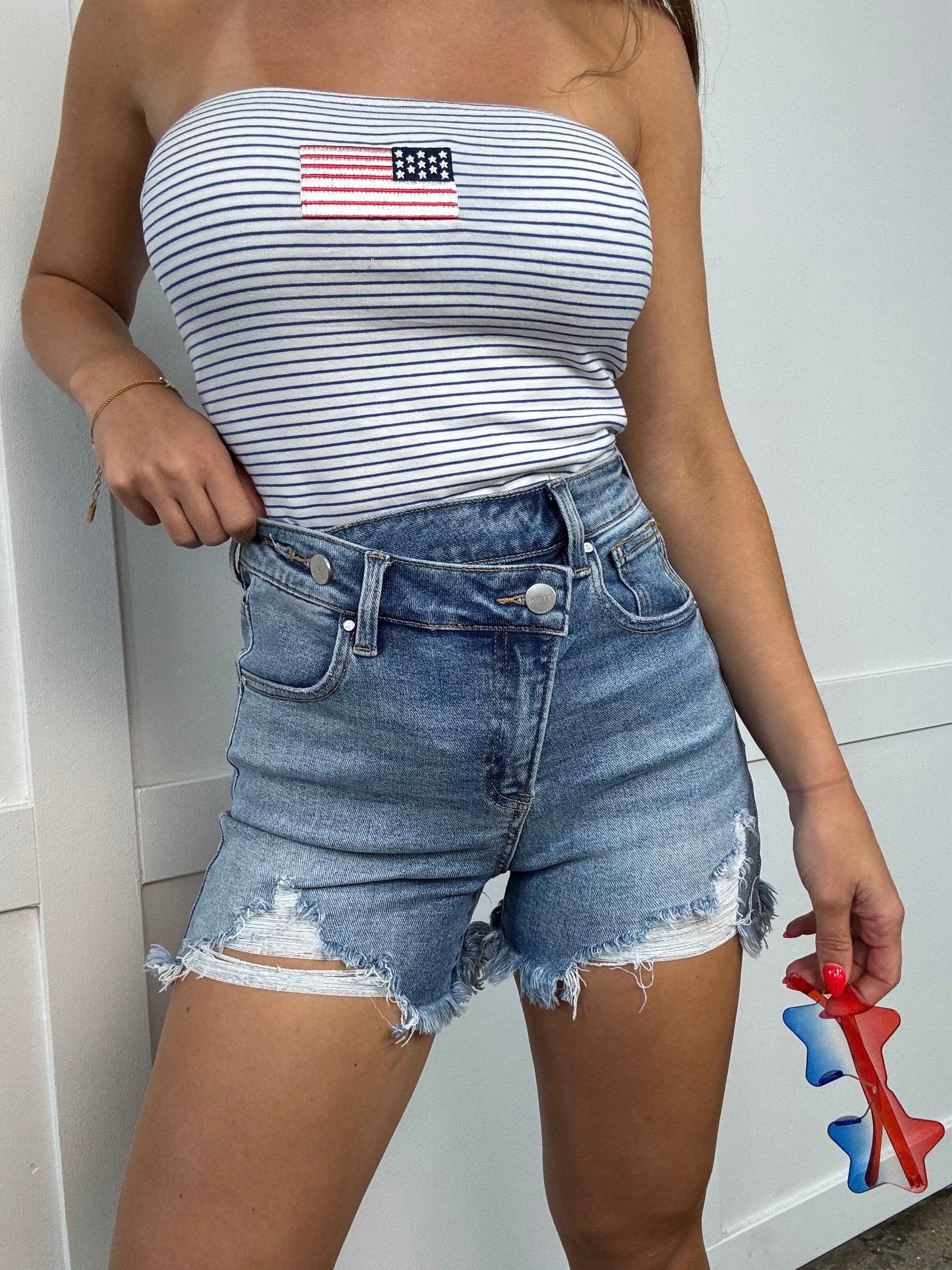 Lindsey Asymmetrical Distressed Shorts Medium Wash