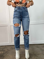 Lindsey Distressed Boyfriend Jeans – Medium Wash Stretch Denim
