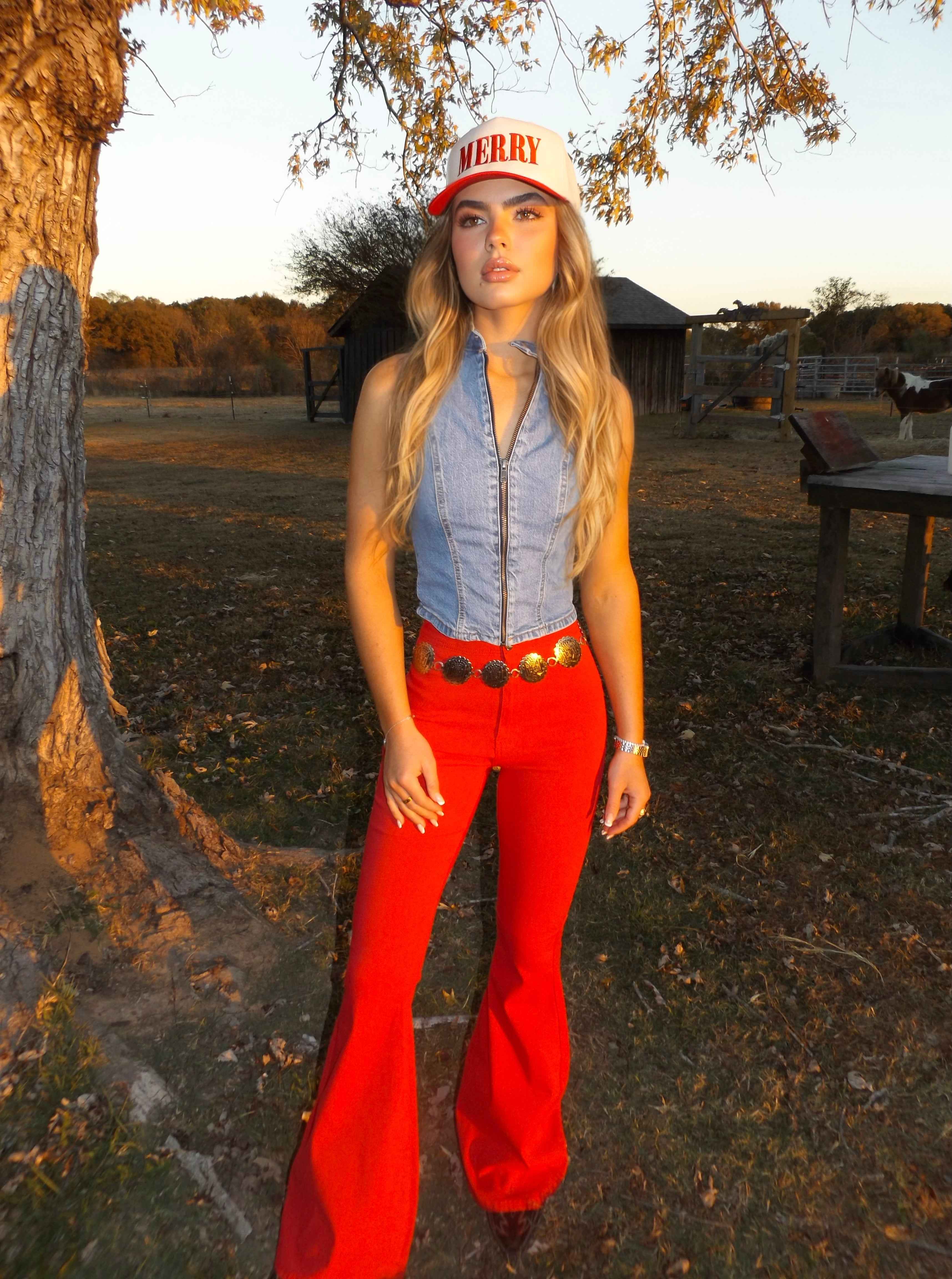Fiona High Waisted Bell Bottom Flare Jeans – Red Stretch Denim