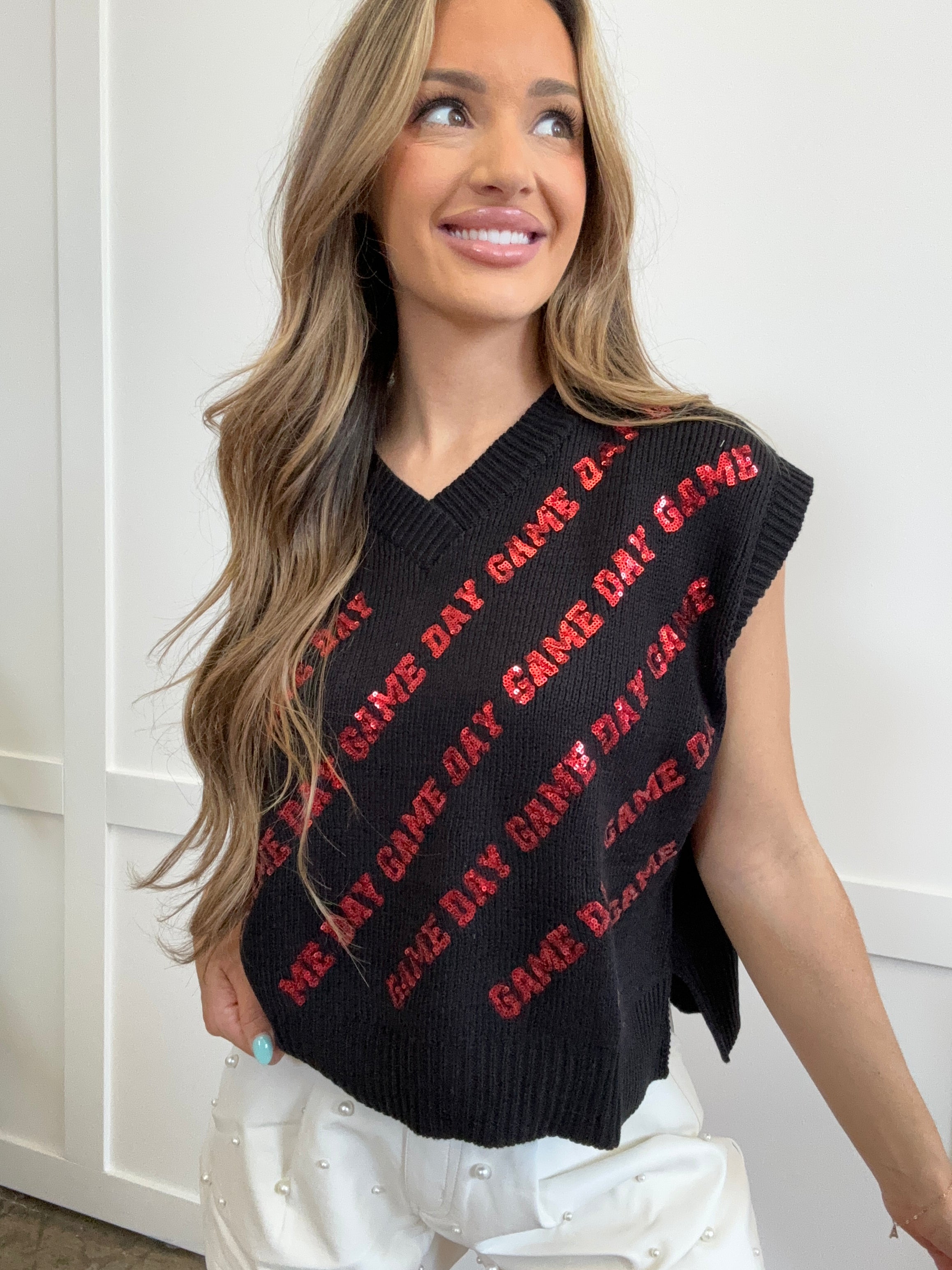 Sparkle & Cheer Game Day Sweater Vest – Sequin V-Neck