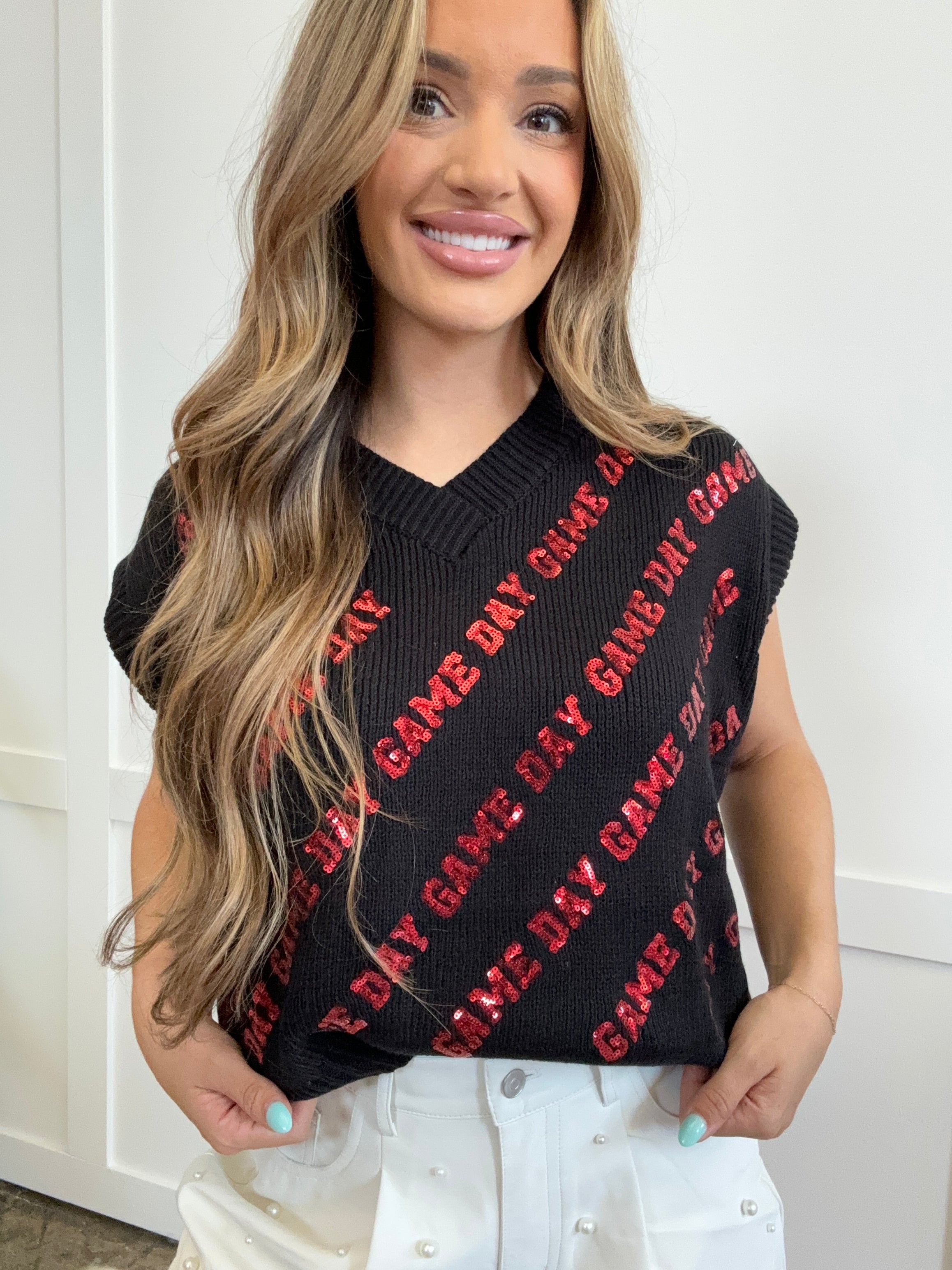 Sparkle & Cheer Game Day Sweater Vest – Sequin V-Neck