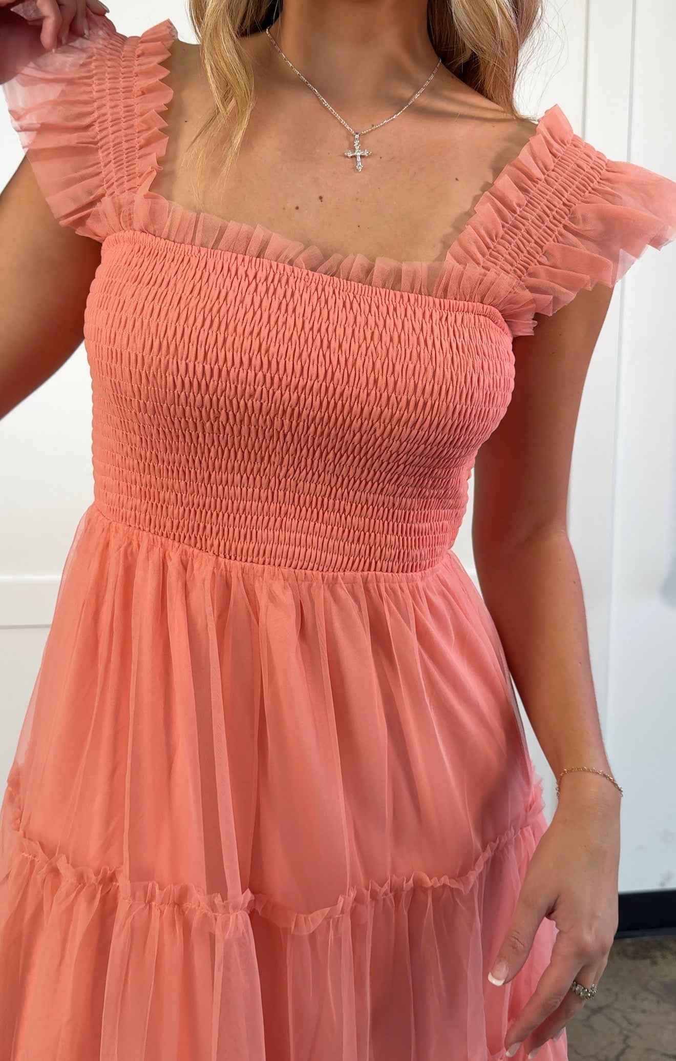 Tea Time Tulle Midi Dress – Elegant Ruched Tank Dress