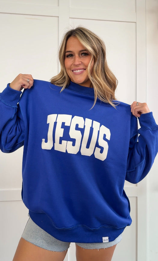 Tilly Jesus Reversible Oversized Mockneck Crew in Blue