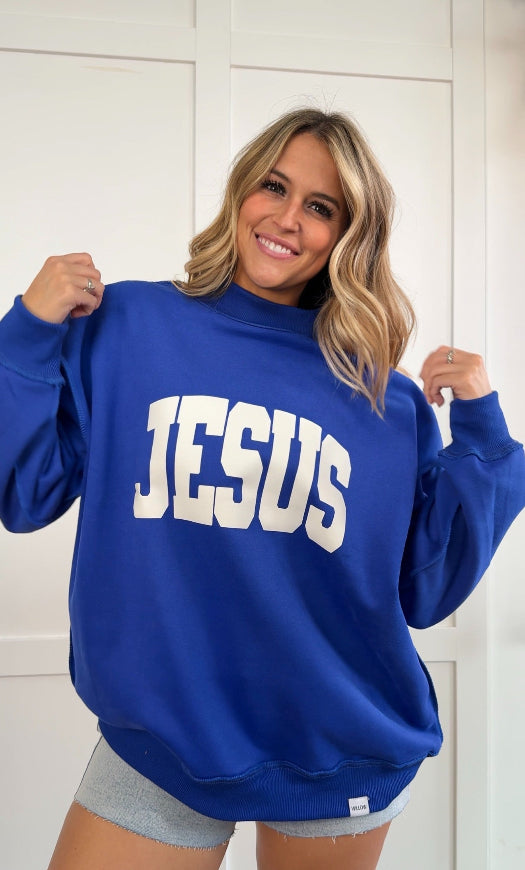 Tilly Jesus Reversible Oversized Mockneck Crew in Blue