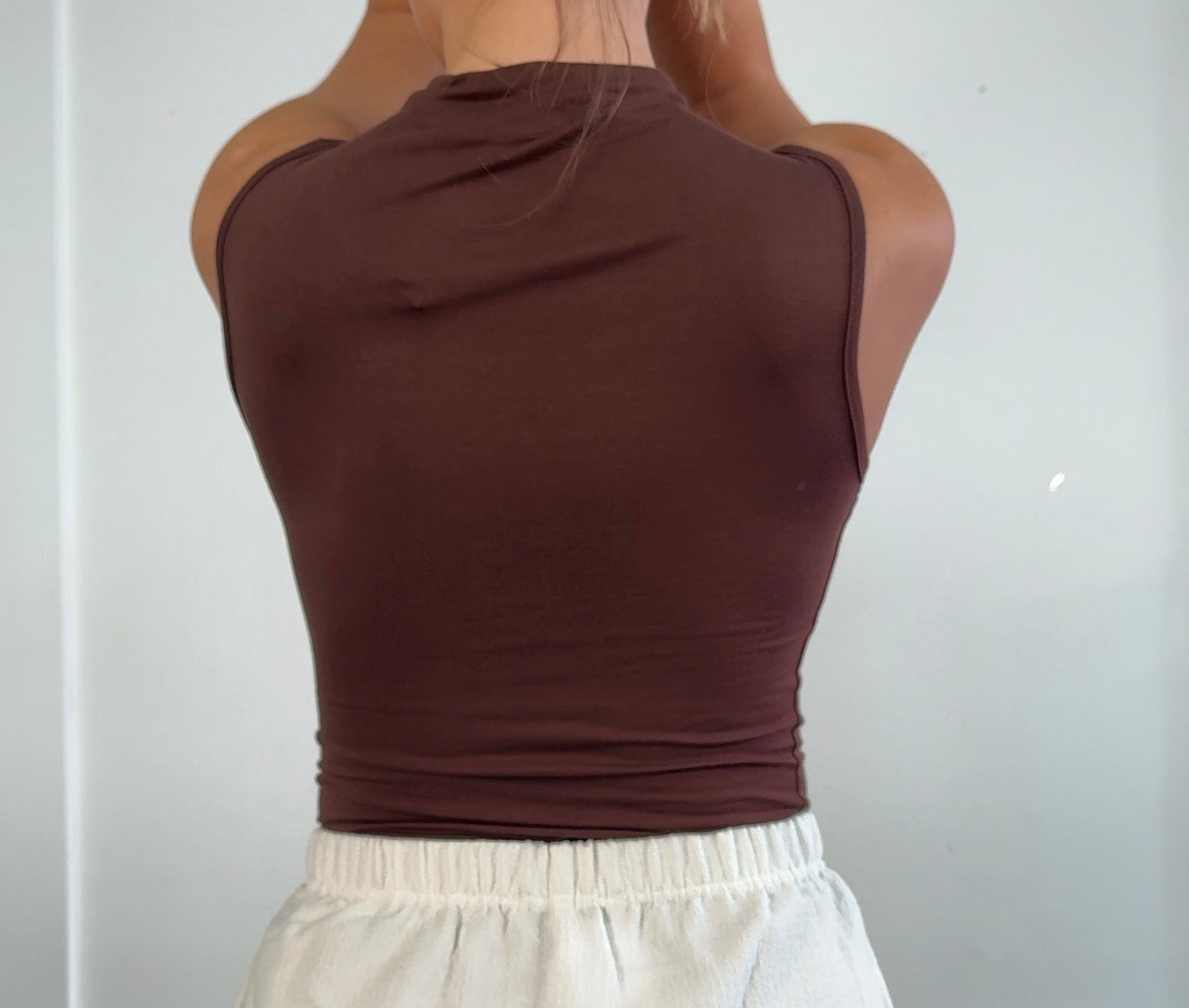 Celine Mock Neck Sleeveless Top – Ruched Shoulder Tank