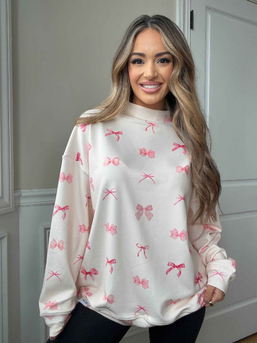 Tilly Oversized Bow Mockneck Crew in White and Pink