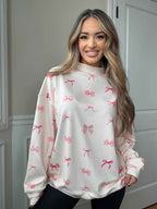 Tilly Oversized Bow Mockneck Crew in White and Pink
