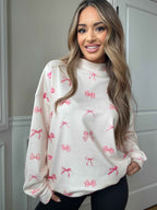 Tilly Oversized Bow Mockneck Crew in White and Pink