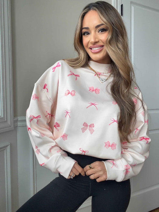 Tilly Oversized Bow Mockneck Crew in White and Pink