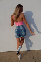 Breanne Distressed High Rise Shorts – Medium Wash Denim