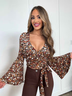 Woodstock Floral Bell Sleeve Wrap Top – Boho V Neck Blouse - 14 Color Options