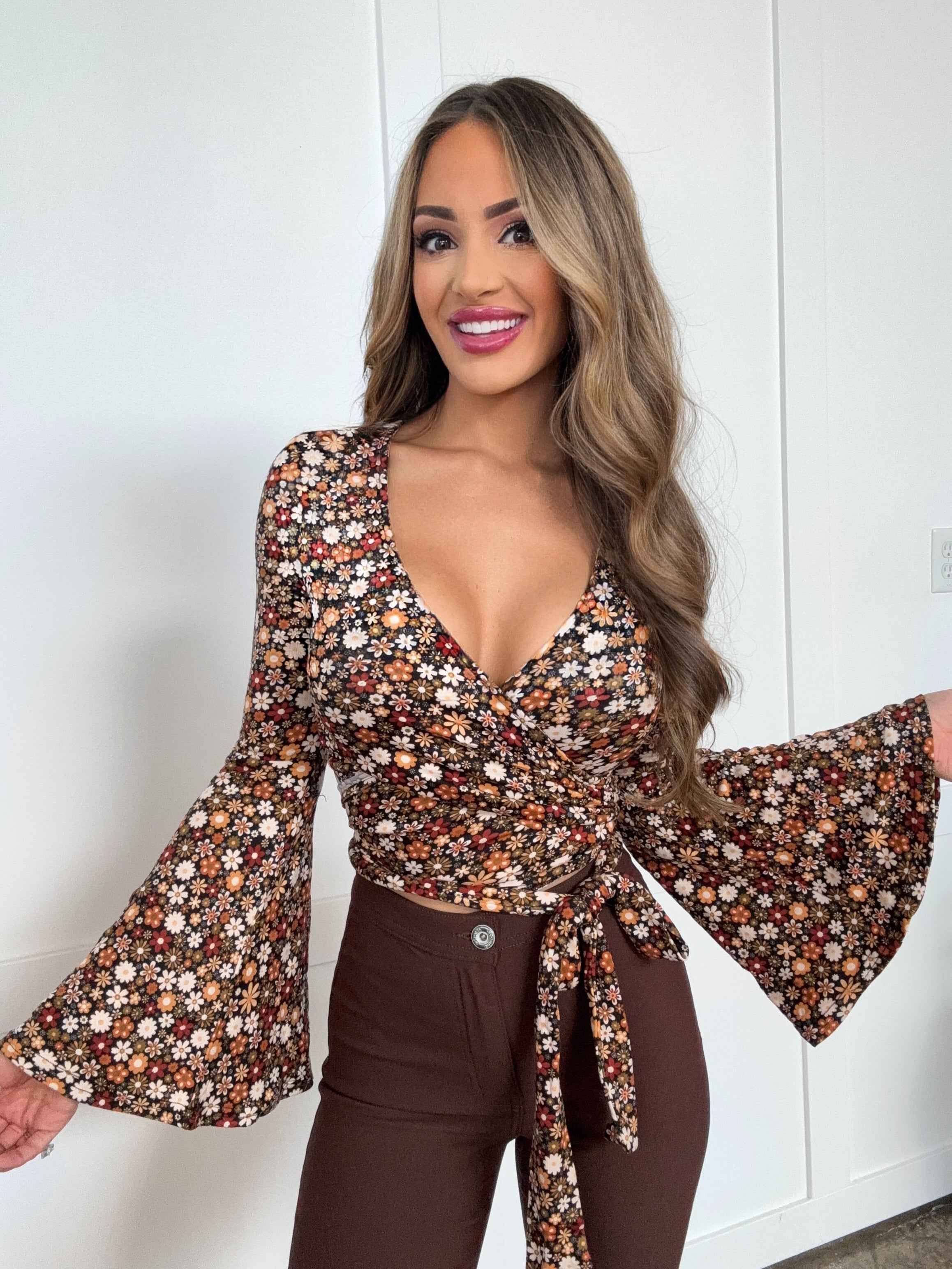 Woodstock Floral Bell Sleeve Wrap Top – Boho V Neck Blouse - 14 Color Options
