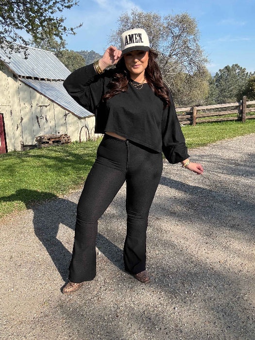 Fiona High Waisted Bell Bottom Flare Jeans – Black Stretch Denim