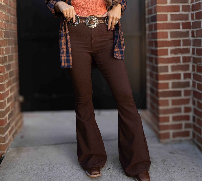 Fiona High Waisted Bell Bottom Flare Jeans in chocolate brown featuring premium stretch denim, a flattering high-rise waist, butt-lifting fit, and dramatic bell bottom silhouette for effortless boutique style.