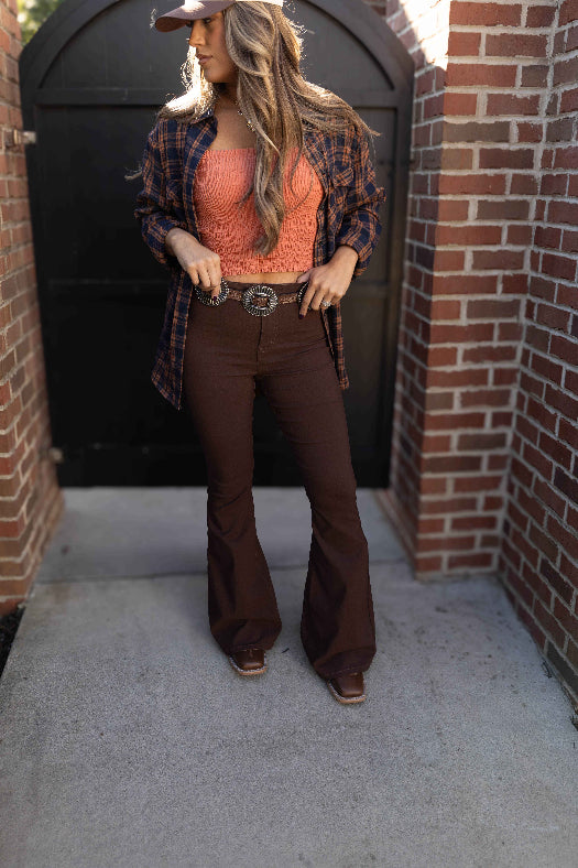 Fiona High Waisted Bell Bottom Flare Jeans in chocolate brown featuring premium stretch denim, a flattering high-rise waist, butt-lifting fit, and dramatic bell bottom silhouette for effortless boutique style.