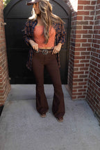 Fiona High Waisted Bell Bottom Flare Jeans in chocolate brown featuring premium stretch denim, a flattering high-rise waist, butt-lifting fit, and dramatic bell bottom silhouette for effortless boutique style.