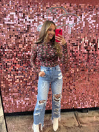 Floral Mesh Long Sleeve Top in Burgundy