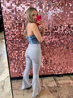Fiona High Waisted Bell Bottom Flare Jeans in a light grey wash featuring a flattering high-rise waist, premium stretch denim, and dramatic bell bottom flare legs for a stylish retro-inspired boutique look.