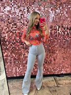 Fiona High Waisted Bell Bottom Flare Jeans in a light grey wash featuring a flattering high-rise waist, premium stretch denim, and dramatic bell bottom flare legs for a stylish retro-inspired boutique look.