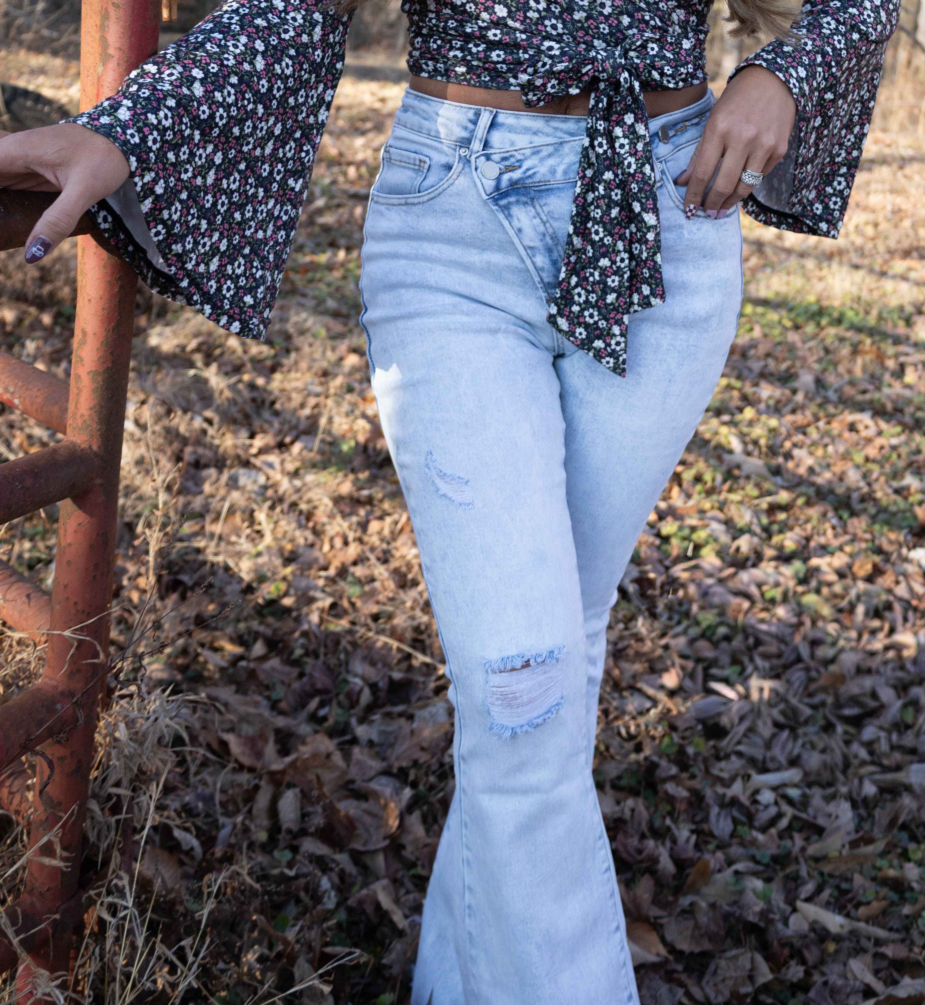 Lucy Asymmetrical Distressed Flare Jeans – High Waisted Viral Denim