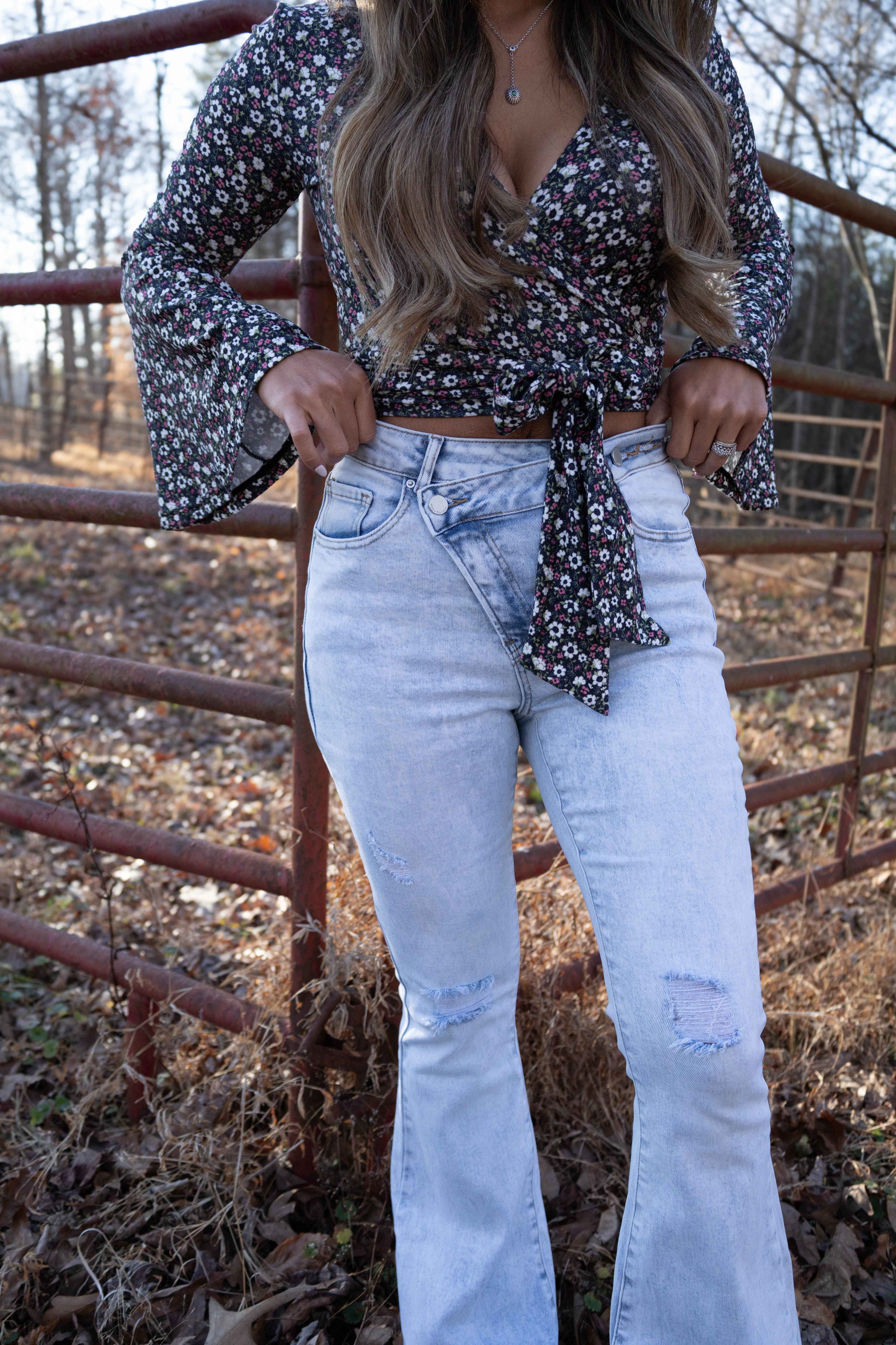Lucy Asymmetrical Distressed Flare Jeans – High Waisted Viral Denim
