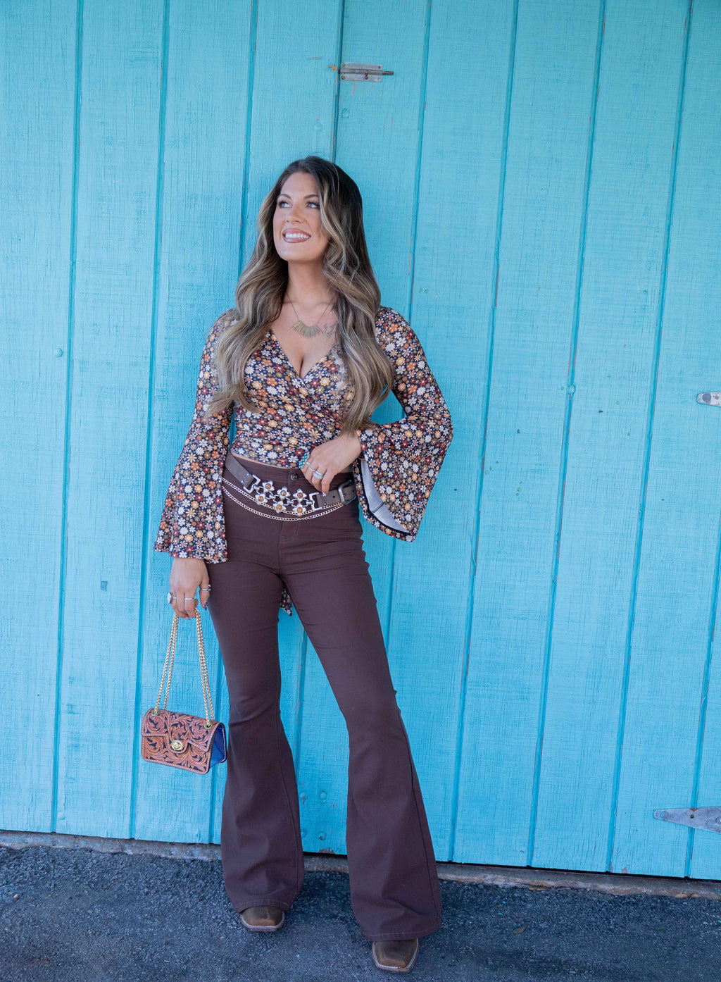 Fiona High Waisted Bell Bottom Flare Jeans - Chocolate Brown