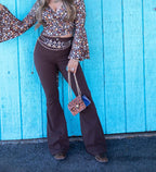 Fiona High Waisted Bell Bottom Flare Jeans in chocolate brown featuring premium stretch denim, a flattering high-rise waist, butt-lifting fit, and dramatic bell bottom silhouette for effortless boutique style.