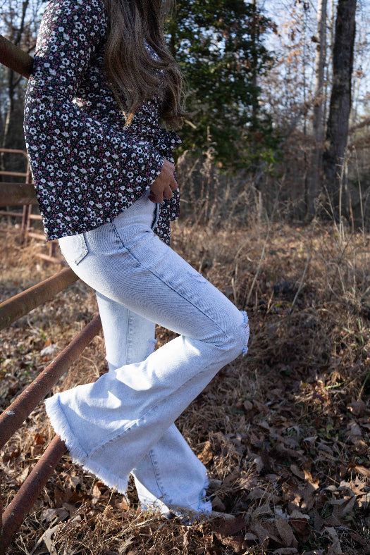 Lucy Asymmetrical Distressed Flare Jeans – High Waisted Viral Denim