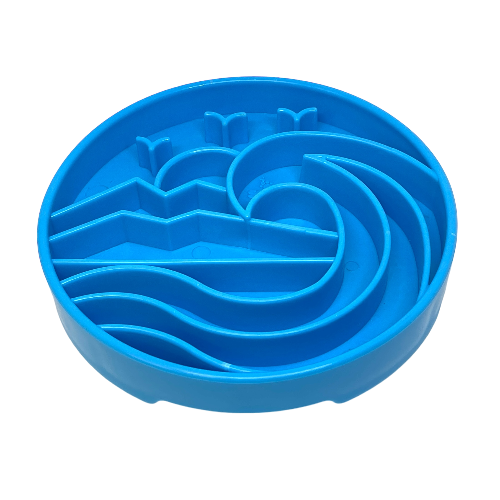 Light blue SodaPup Baja eTray shallow slow feeder dog bowl with textured enrichment design for flat-faced dogs and fast eaters.