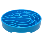 Light blue SodaPup Baja eTray shallow slow feeder dog bowl with textured enrichment design for flat-faced dogs and fast eaters.