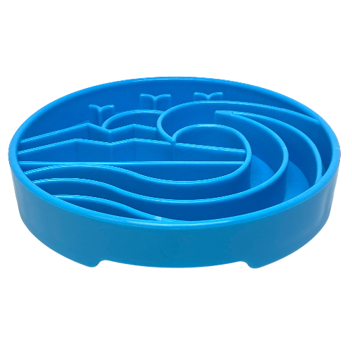 Light blue SodaPup Baja eTray shallow slow feeder dog bowl with textured enrichment design for flat-faced dogs and fast eaters.
