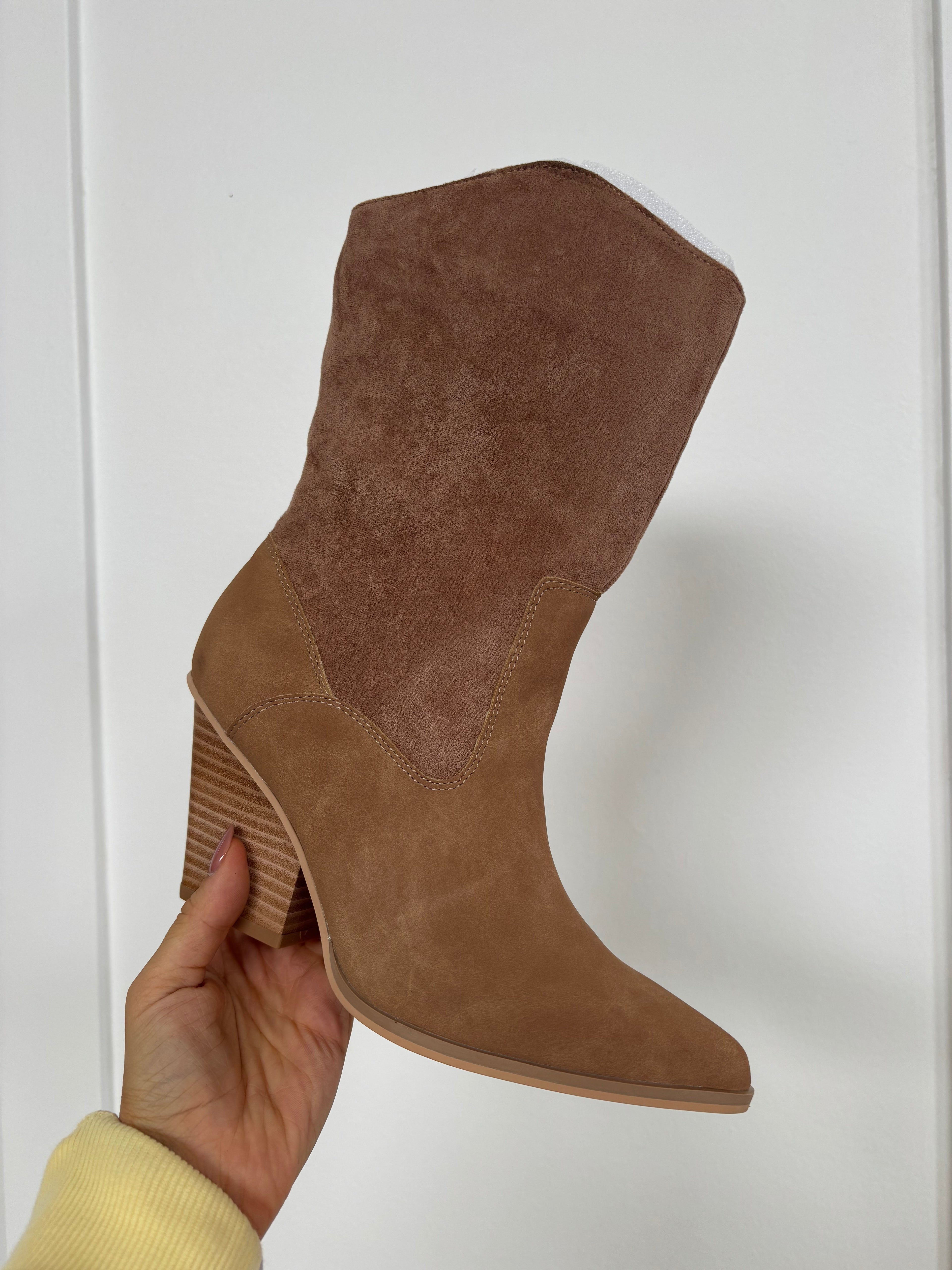 Marseille Two Tone Suede Mid Calf Boots – Camel Heeled Boots