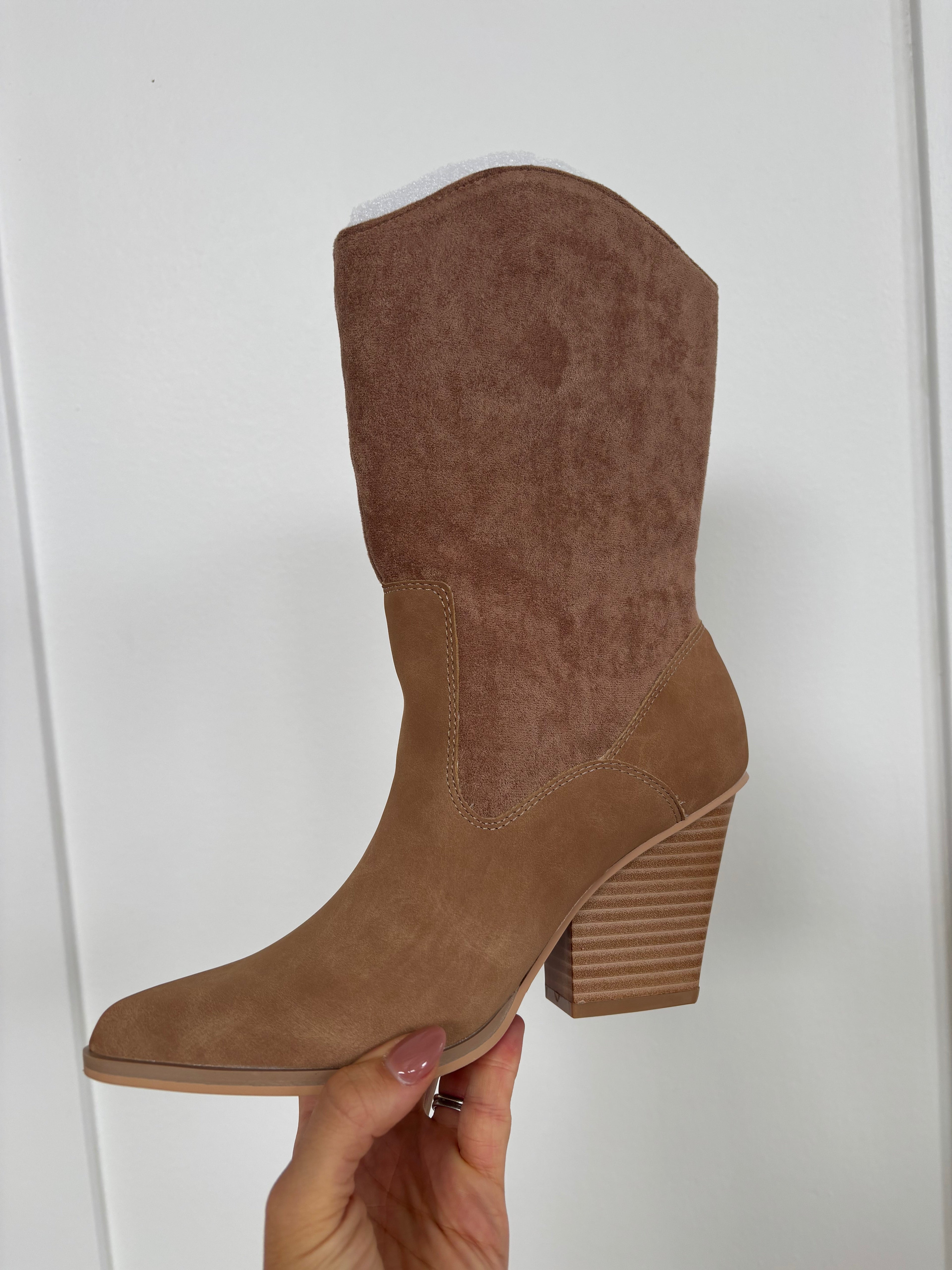 Marseille Two Tone Suede Mid Calf Boots – Camel Heeled Boots