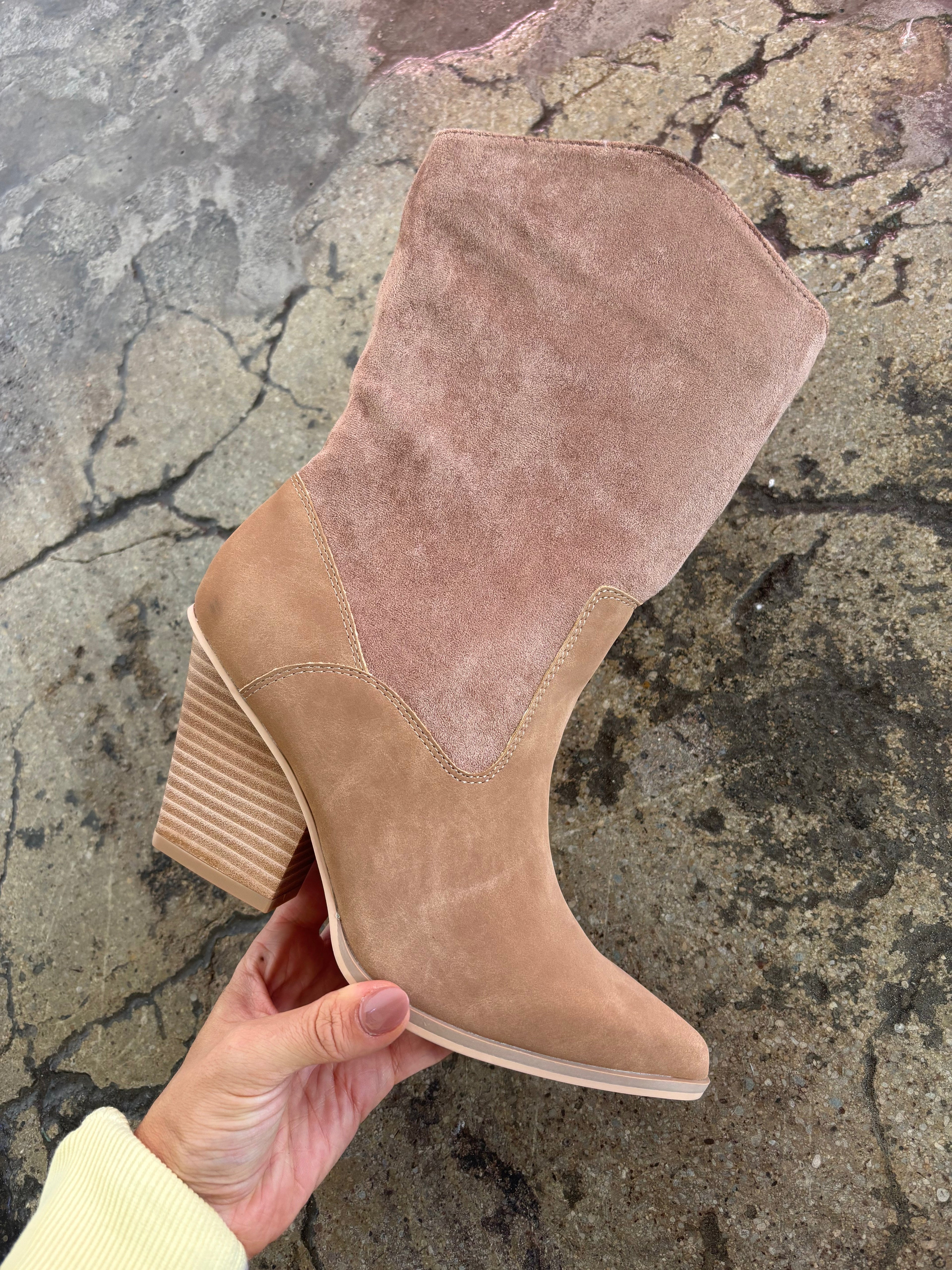 Marseille Two Tone Suede Mid Calf Boots – Camel Heeled Boots