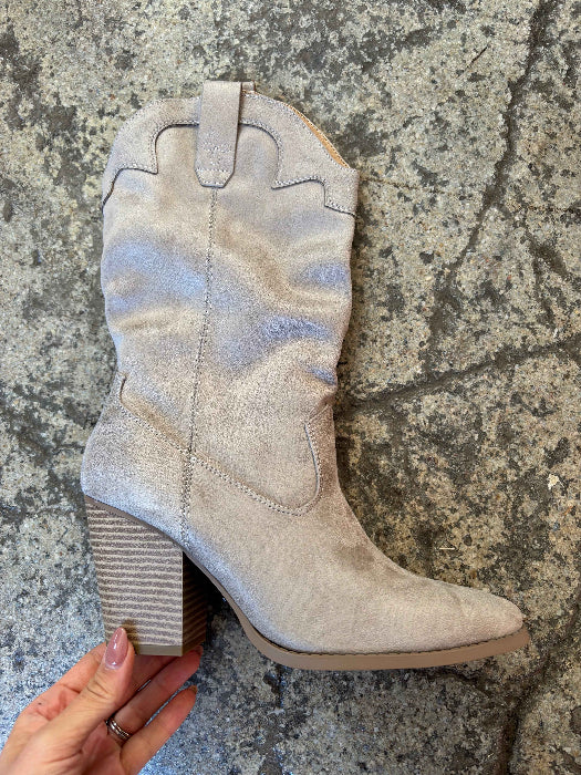 Akito Suede Mid-Calf Heeled Boots in Clay
