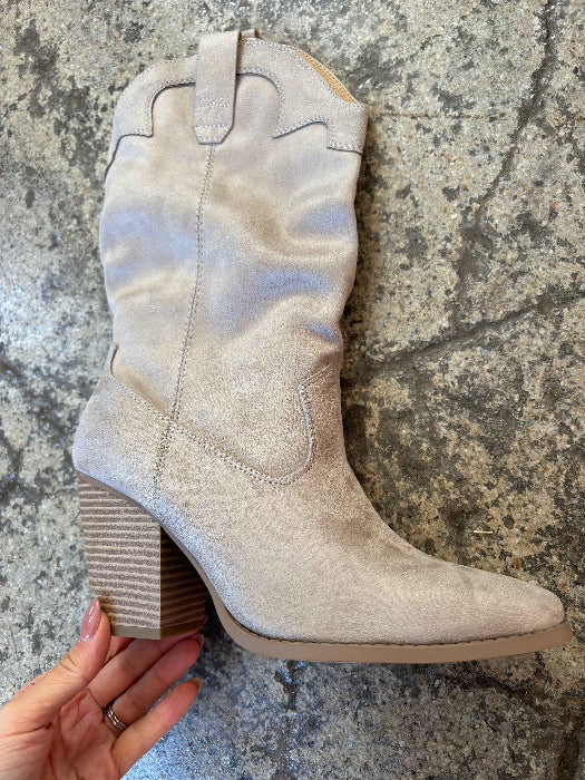 Akito Suede Mid-Calf Heeled Boots in Clay