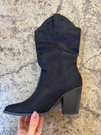 Akito Suede Mid-Calf Heeled Boots in Black
