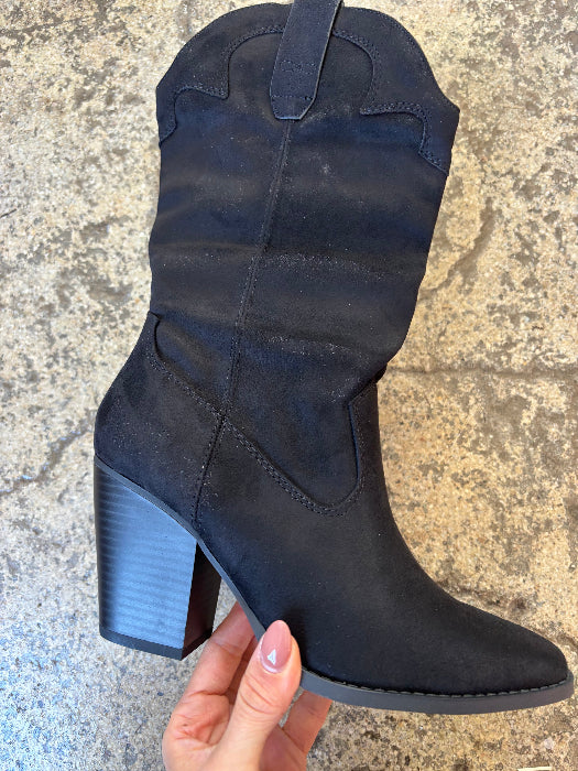 Akito Suede Mid-Calf Heeled Boots in Black