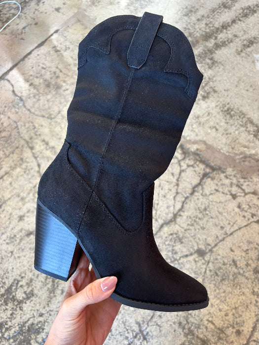 Akito Suede Mid-Calf Heeled Boots in Black
