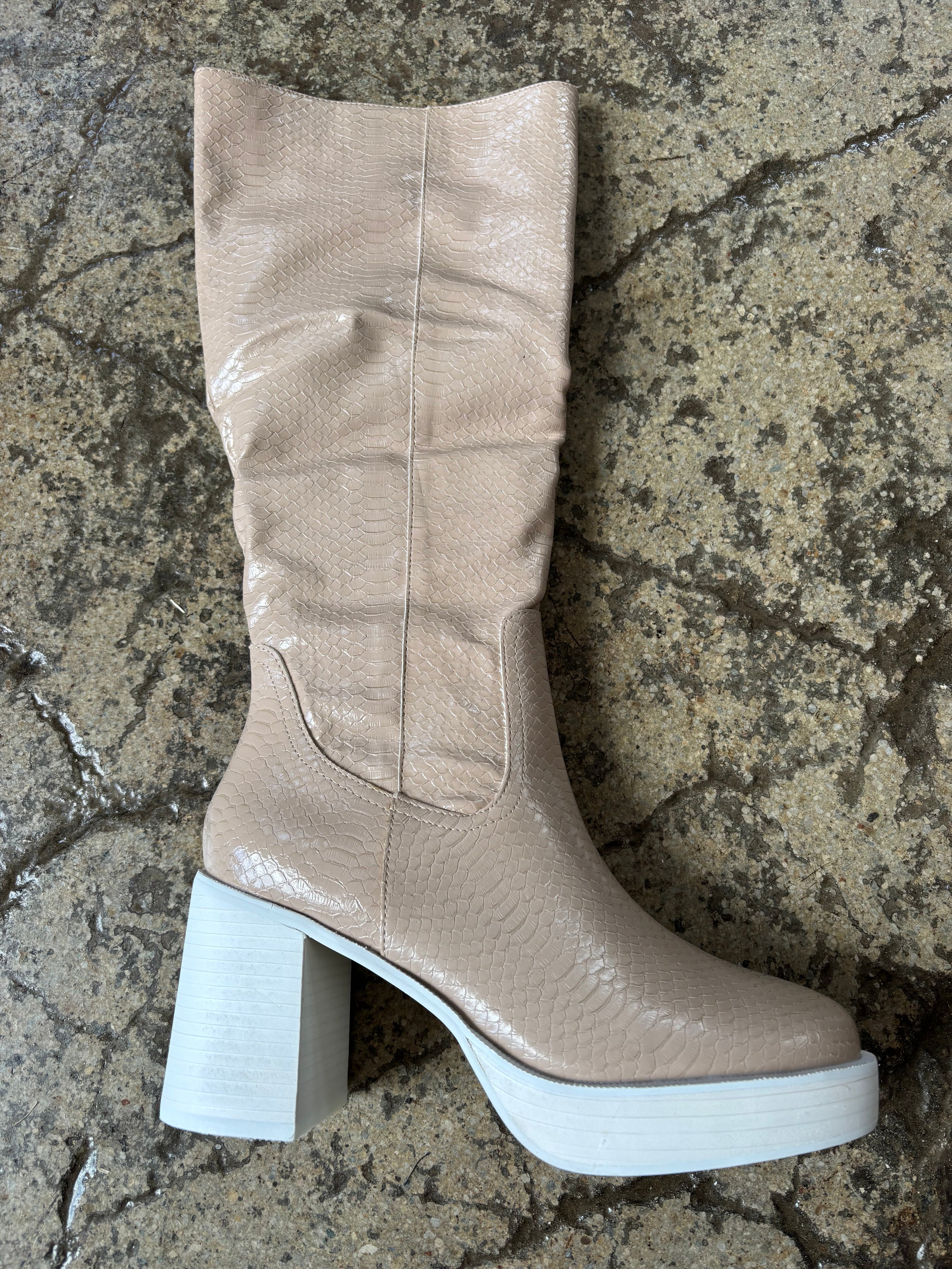 Juniper Snakeprint Knee High Platform Boots – Nude Heels