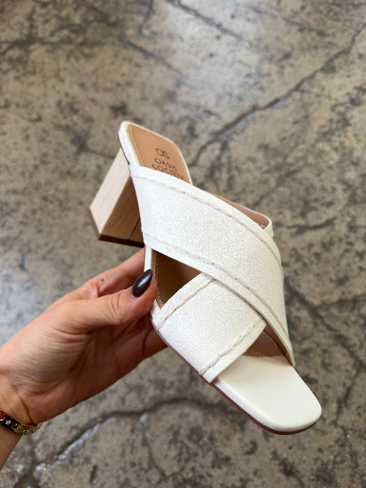Jade Cross Strap Wooden Heel Sandals in White