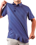 Men’s Wavy Stars & Stripes golf polo by Pins & Aces featuring a navy, red, and white wavy patriotic pattern with short sleeves and an athletic performance fit.