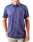 Men’s Wavy Stars & Stripes golf polo by Pins & Aces featuring a navy, red, and white wavy patriotic pattern with short sleeves and an athletic performance fit.