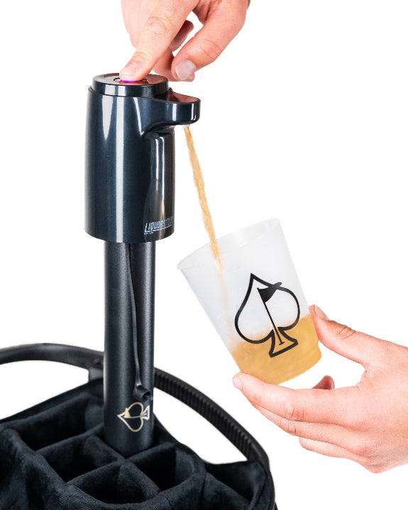 Black LiquorStick® 3.0 golf drink dispenser featuring a 750ml stainless steel reservoir, USB-C rechargeable automatic pump, insulated construction, and ground spike.