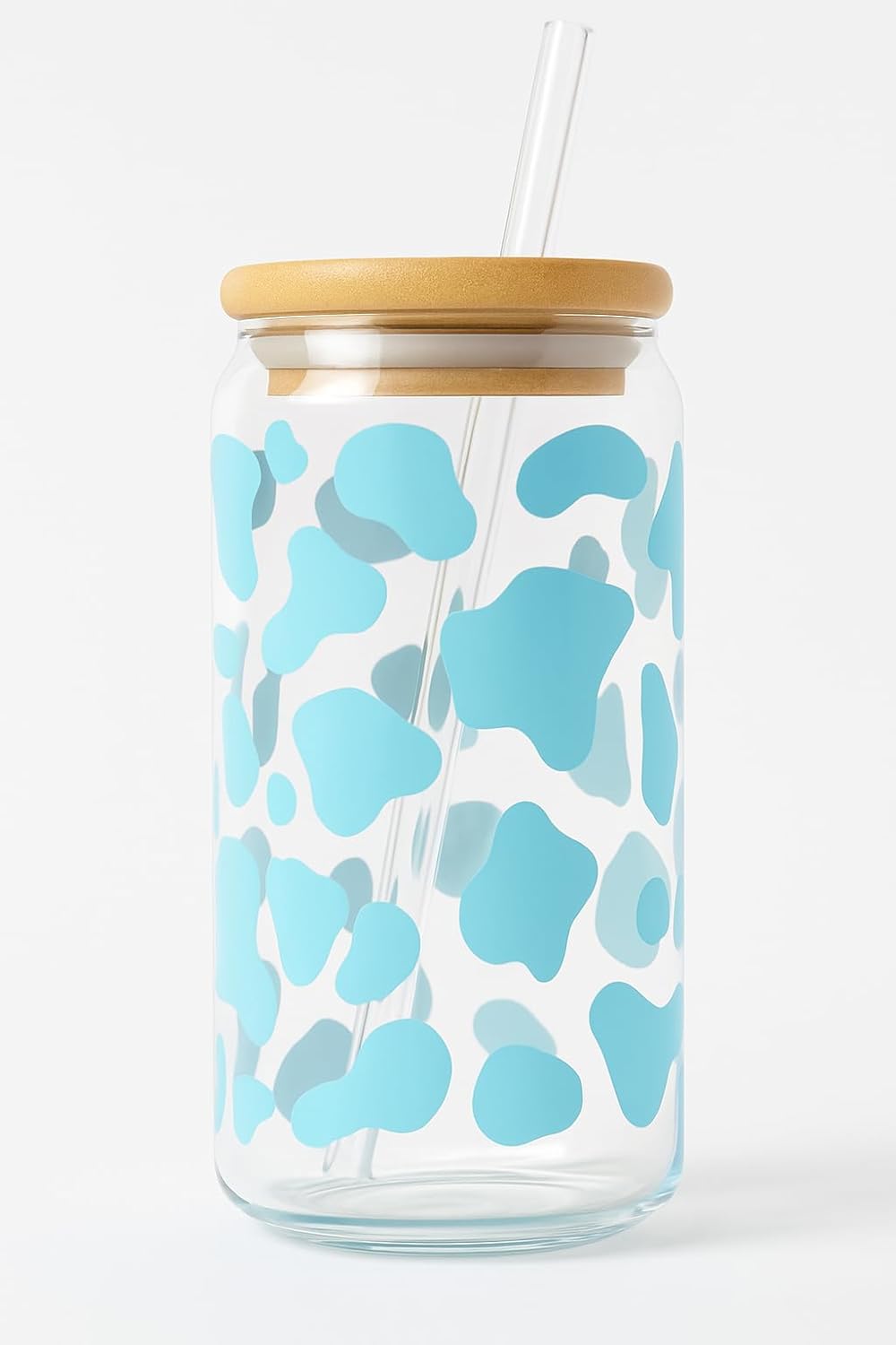 Cow Print 16oz Iced Coffee Glass Cup with Bamboo Lid & Reusable Straw