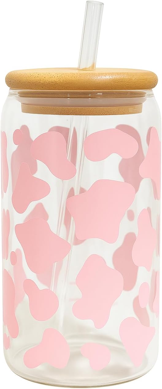 Cow Print 16oz Iced Coffee Glass Cup with Bamboo Lid & Reusable Straw