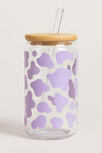 Cow Print Iced Coffee Glass Cup – 16oz Glass with Bamboo Lid